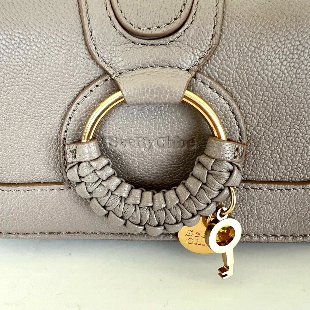 SEE BY CHLOÉ Hanna Continental Taupe Pebbled Leather Braid Gold Charm Wallet NWT